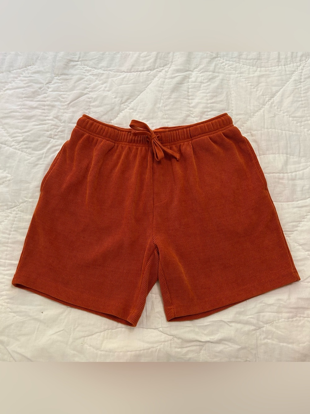 Negative Space Textured Corduroy Shorts Mens M Orange Elastic Waist Stretch